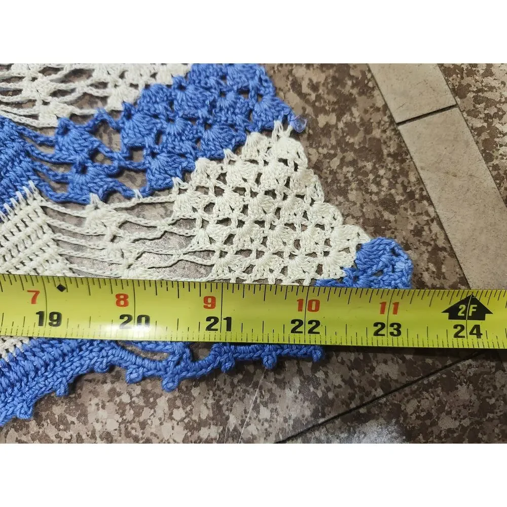 Vintage Child-Size Hand Crocheted Half Apron Beige Blue Prairie Farmgirl Cottage
